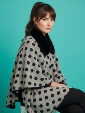 Loft Polka Dot Faux Fur Trim Cape Wrap Size M